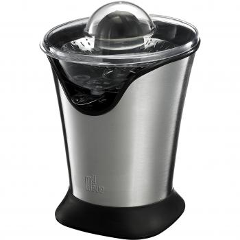 MyWave Palawan - Exprimidor de Zumo 85 W, ideal para Naranjas y otros cítricos, 2 conos exprimidores intercambiables y espacio para recogerlos, surtidor Antigoteo, Acero Inoxidable - Gris/Negro
