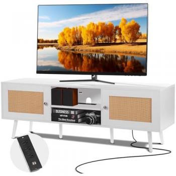 Mueble de TV Boho en Ratán para Pantallas de hasta 65 Pulgadas, con Enchufe Integrado y Puertos USB, Estantes Ajustables