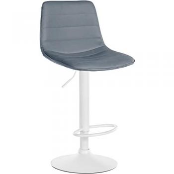 Taburete de bar regulable y giratorio en simil cuero (PVC) gris con diseño moderno, reposapiés, estructura blanca y tapizado en piel sintética