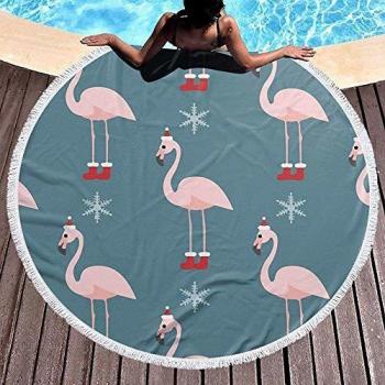 Leo-Shop Toalla de Playa Redonda Navidad Pink Flamingo Xmas Manta Grande con borlas Ultra SoftBeach Throw 59 Inch