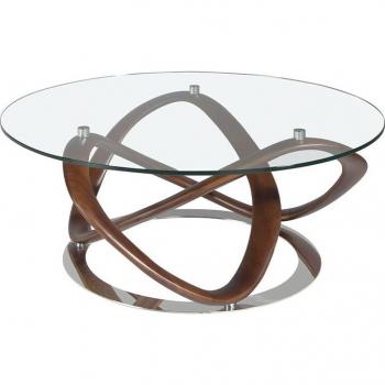 Mesa Centro Redonda Cristal Templado y Nogal Angel Cerdá 2064C, Cristal | Nogal | Acero Inoxidable Cromado, Madera Color Nogal, Ø100 x 39 cm
