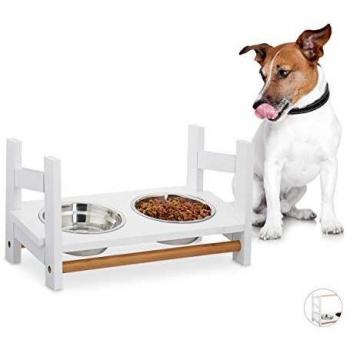Comedero para Perros y Gatos, 2 Cuencos de Acero Inoxidable de 500 ml, Soporte Altura Regulable, 20 cm, DM-Bambú-Blanco