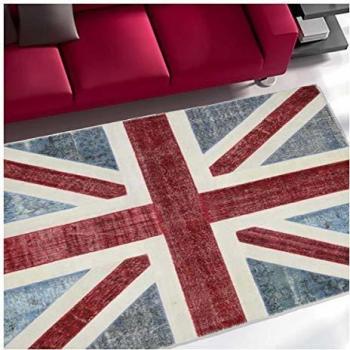 Tapis Salon 200x300 Hecho a Mano en Lana Motivo Patchwork Unión Jack Azul Ideal para Comedor