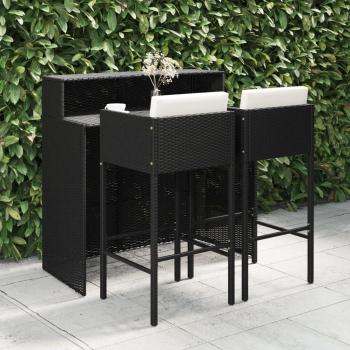 3-Piece Black Poly Rattan Garden Bar Set with Cushions