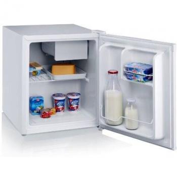 SEVERIN Mini frigorífico de 43 litros, nevera pequeña extrasilenciosa con bisagra reversible, mini nevera de bajo consumo con balda y cajón para conservar en frío, blanco, KS 9827