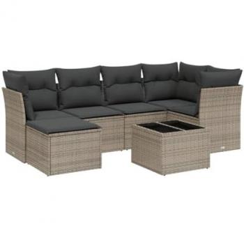 7-Piece Grey Poly Rattan Garden Sofa Set with Cushions