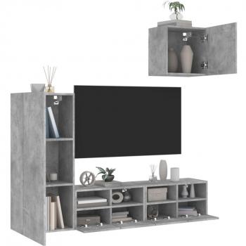 Mueble de TV de pared con LED, 4 piezas, gris hormigón, madera multicapa