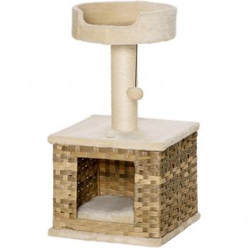 Árbol para gatos mediano 69 cm con cueva de ratán sintético, cojín lavable, cama superior, poste rascador de sisal y bola colgante - Beige