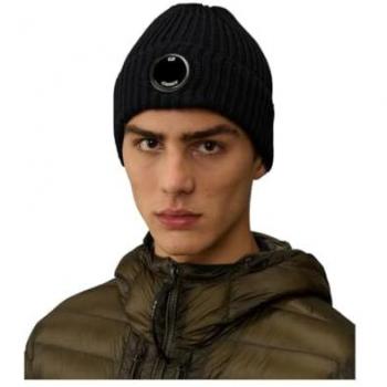 C.P. Company Blue Ribbed Knit Beanie Hat for Men - One Size Merino Wool with Lens