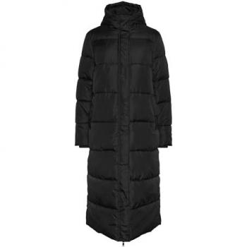 Women's Long Hooded Puffer Jacket - Pieces Maddie Regular Fit Black