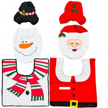 2 Sets Diferentes Decoraciones de Navidad Para Baño – Adorno Navideño para Inodoro - Accesorio, Decoración para Caja de Pañuelos Tapa de Inodoro, Alfombrillas – Diseños de Muñeco de Nieve y Santa