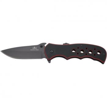 THIRD Navaja asistida K1905RD, Mango de G10 Bicolor Negro y Rojo, Hoja de Acero INOX 8Cr14MoV Acabado en Negro de 9,8 cm con Abre Botellas. Funda Caja de presentación.