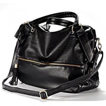 Gleader Gran hombro la correa de hombro del bolso tiene flecos en diapositivas Negro cuero Verni