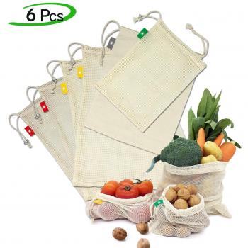 Ezlife Bolsas Reutilizables Compra , Bolsas Reutilizables Fruta de Algodon Ecológicas Lavable y Transpirable Bolsa de Malla para Fruta Verduras Juguetes -6 Pcs