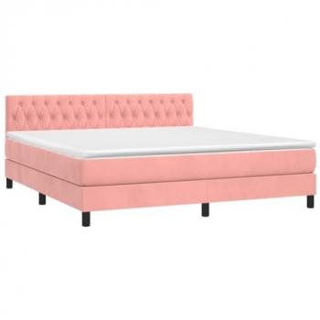 Cama Box Spring con Colchón y LED de Terciopelo Rosa 160x200 cm