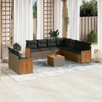 10-Piece Grey Poly Rattan Garden Sofa Set with Cushions