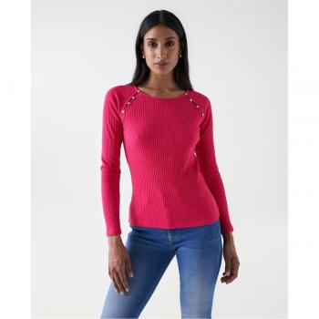 Salsa Jeans - Jersey de mujer de manga larga con apliques y camiseta de punto canalé con aplicaciones