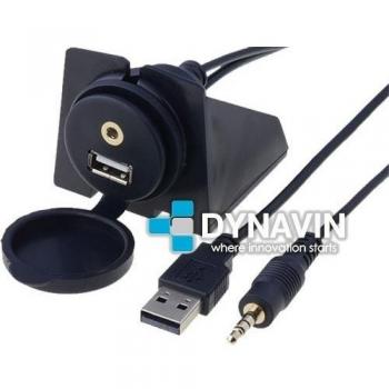 CABLE ALARGADOR Y PROLONGADOR DE USB Y TOMA JACK 3,5mm DE 2 METROS CON BASE DE FIJACION PARA INSTALACION PERFECTA EN GUANTERA DE COCHES Y SIMILARES Y CON TAPA DE PROTECCION. ENCHUFE DE EMPOTRAR