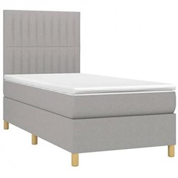 Cama box spring con colchón y luces LED en tela gris claro, 90x200 cm