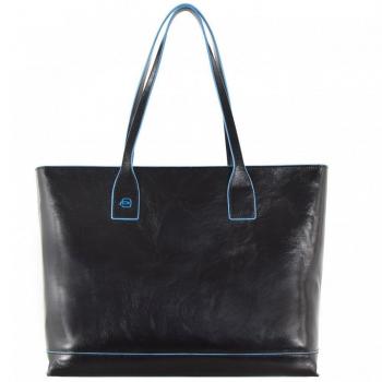 Piquadro Blue Square Leather Shopper Bag 35 cm Black with iPad® Mini Compartment
