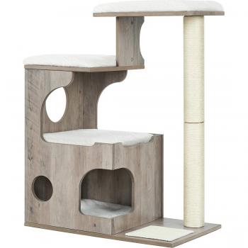 Rascador para gatos vintage de 88 cm con cueva y 3 camas, árbol de mdf con chapa de madera, poste de sisal y piel de imitación lavable, en greige y blanco