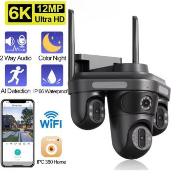 Cámara exterior WiFi 6K de 12 MP con 3 lentes, 3 pantallas, seguimiento de movimiento IA, PTZ y visión nocturna a color para vigilancia de seguridad IPC360