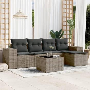 Set de muebles de jardín 6 piezas con cojines de ratán sintético gris