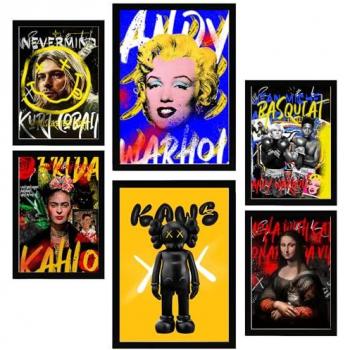 Set de 6 Pósters Grafiti Pop A3 y A4: Marilyn, Kurt Cobain, Frida Kahlo, Mona Lisa, Basquiat - Decoración Sin Marco para Hogar y Oficina
