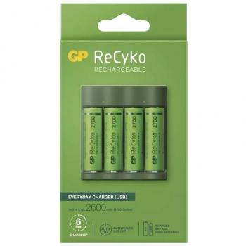 Cargador de Baterías GP Everyday B421 + 4 Pilas Recargables AA ReCyko 2700mAh + USB