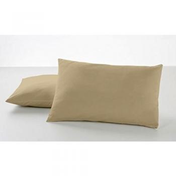 ESTELA - Funda de Almohada Combi Liso Cala Color Camel - 2 Piezas de 50x80 cm - 100% Algodón - 144 Hilos
