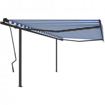Toldo retráctil automático con postes azul y blanco 4.5x3.5m, resistente al agua, protección contra rayos UV, ideal para balcón y jardín
