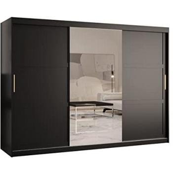 Armario Corredero Hartford G117 con Espejo, Negro, 250x200x62cm, 9 Estantes