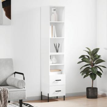 Aparador de madera contrachapada blanco brillo 34,5x34x180 cm con 2 cajones y 2 estantes, mueble de almacenaje para salón, buffet, armario auxiliar y armario de almacenamiento