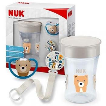 Nuk Magic Cup & Set, Magic Cup Trinklernbecher Space Schnuller & Schnullerkette, 6+ meses, BPA-libre, oso/gris,