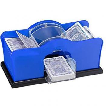 Mezclador de Cartas Manual Relaxdays, Máquina con Manivela para 2 Barajas hasta 91 mm, Plástico Azul