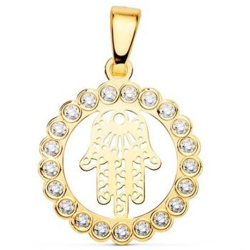 Colgante Mano de Fátima Oro 18k Calado Amuleto 15 mm con Aro de Circonitas y Medalla Corazón de Jesús Oro 18k Colgante 16mm Bisel Unisex