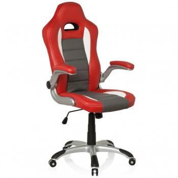 hjh OFFICE 621705 Silla Gaming Game Sport Piel sintética, Rojo/Gris, Silla giratoria, Apoyabrazos Plegables