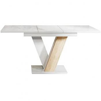 Mesa de comedor Goodyear 104, Alargamiento, Aglomerado laminado, 120 x 80 x 76cm, Blanco brillante + Roble Sonoma