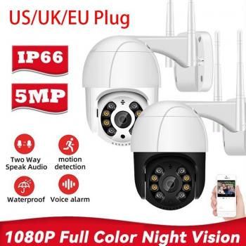 Cámara de Seguridad IP PTZ Wifi 5MP HD 1080P con Audio Inalámbrico, Exterior Impermeable, Visión Nocturna IR y Conector UK - Color Blanco