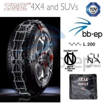 'Trak 4 x 4 y SUV L' Detalles Cadena de nieve Trak Nella versión 4 x 4 SUV, una respuesta risolutiva para I Vehículos todo terreno y de Tendenza - Dimensiones neumáticos 225/80 R15 Color cadena certificado segundo Le normative Ö-Norm, TÜV-GS