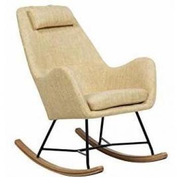 Silla mecedora tapizada en poliéster amarillo con patas de metal y patines de madera estilo moderno