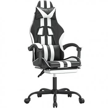 Silla gaming con reposapiés cuero sintético negro blanco, asiento con reposabrazos, ruedas giratorias, altura ajustable, diseño profesional para oficina