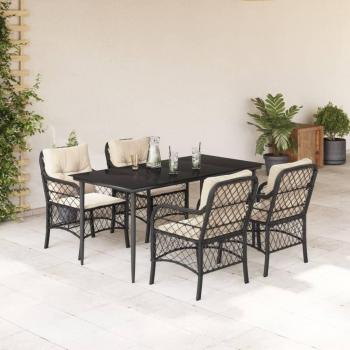 5 Piece Black Poly Rattan Garden Dining Set with Cushions