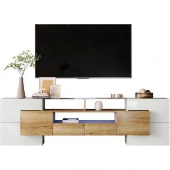 Aparador LED con Panel Acrílico, Estructura Negra, MDF, Color Madera, 16 Modos de Iluminación RGB - Dimensiones 140x44x93.5 cm