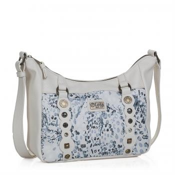 Lois - 27356 Bolso Bandolera Ajustable Tipo góndola para Mujer. Cierre con Cremallera. Bolsillo Exterior detrás. Decorado con Remaches. Piel sintética Polipiel, Color Blanco Roto