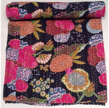 Indian Cotton Fruit Quilt Floral Pattern Home DÃƒ©cor Kantha Bedspread, Indian Gudari Handmade Tapestry, Floral Print Decorative Kantha Stitch Quilt , Hand Art Kantha Work, 90x108 Inch. By Bhagyoday by BhagyodayFashions