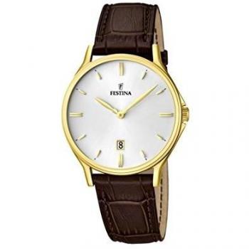 Festina Men's Quartz Watch with White Dial Analogue Display and Brown Leather Strap F16747/1