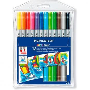 Staedtler Noris Club 320 NWP12 Rotuladores de Doble Punta Fina y Gruesa, Lavables, Caja de 12 Colores Surtidos, Resistentes a la Presión