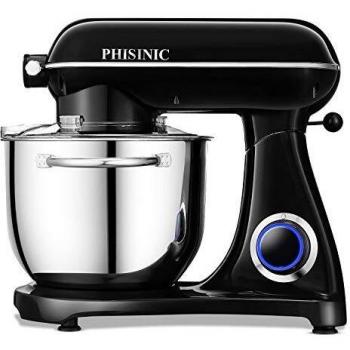 Batidora Amasadora, PHISINIC Amasadora de Pan Repostería, 1800 W 6.5 L Robot de Cocina Multifunción, Potente y Silencioso, Cuerpo Metálico, 6 Velocidades, Amasador, Batidor y Varillas, Color Negro