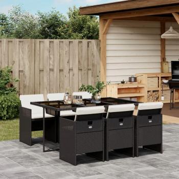 Set de comedor de jardín 7 pzas con cojines de ratán sintético negro